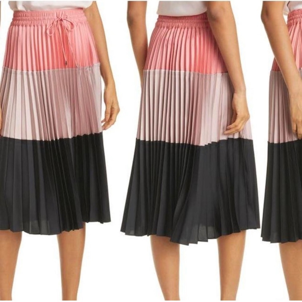 Club Monaco Colourblock Pink Black Knife Pleated Midi Skirt Chic Work Preppy